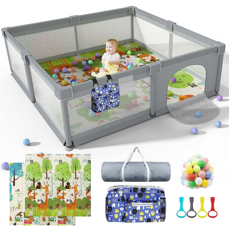 Photo 1 of Baby Playpen 79" X 71" , LUTIKIANG Play Yard for Babies and Toddlers with Mat, Safety Extra Large Baby Fence Area, Indoor & Outdoor Kids Activity Play Center with Anti-Slip Suckers and Zipper Gate.
