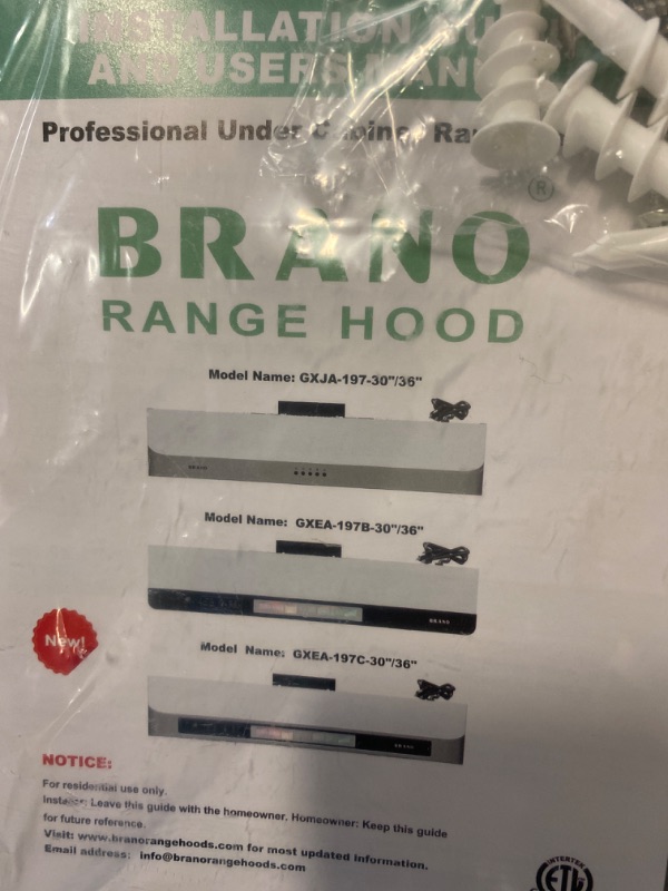Photo 3 of BRANO RANGE HOOD MODEL NAME GXEA -19B-30"
