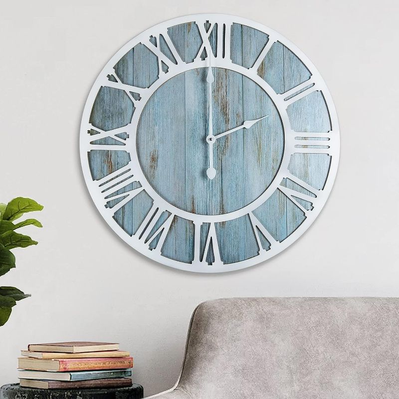 Photo 1 of Wall Clock for Home Decor - 24 Inch Blue Wood Wall Clocks Battery Operated Nearly Silent Little Ticking Simple Minimalist Roman Numbers Clock Decorative for Bedrrom 60CM Blue
