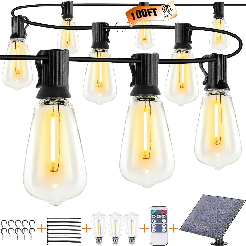 Photo 1 of Solar string lights outdoor waterproof 100ft with 52 Shatterproof ,Solar lights outdoor waterproof Remote ST38 Vintage Edison Bulbs,Salor ourdoor light Hanging Lights Waterproof for Outside Backyard
