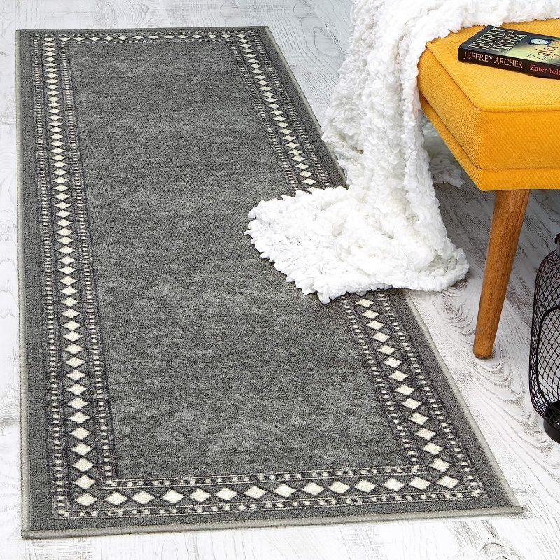 Photo 1 of Antep Rugs Alfombras Modern Bordered 2x7 Non-Skid (Non-Slip) Low Profile Pile Rubber Backing Indoor Area Runner Rugs (Gray, 2' x 7') 2' x 7' Grey