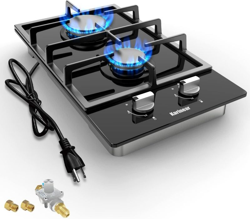 Photo 1 of Karinear Tempered Glass Gas Cooktop, 12 In Gas Stove Top Gas Cooktop 2 Burners, Built-in Gas Hob Suitable for Dual Fuel LPG/NG, Thermocouple Protection, Easy Clean, indoor Gas stove for Apartment,110V
