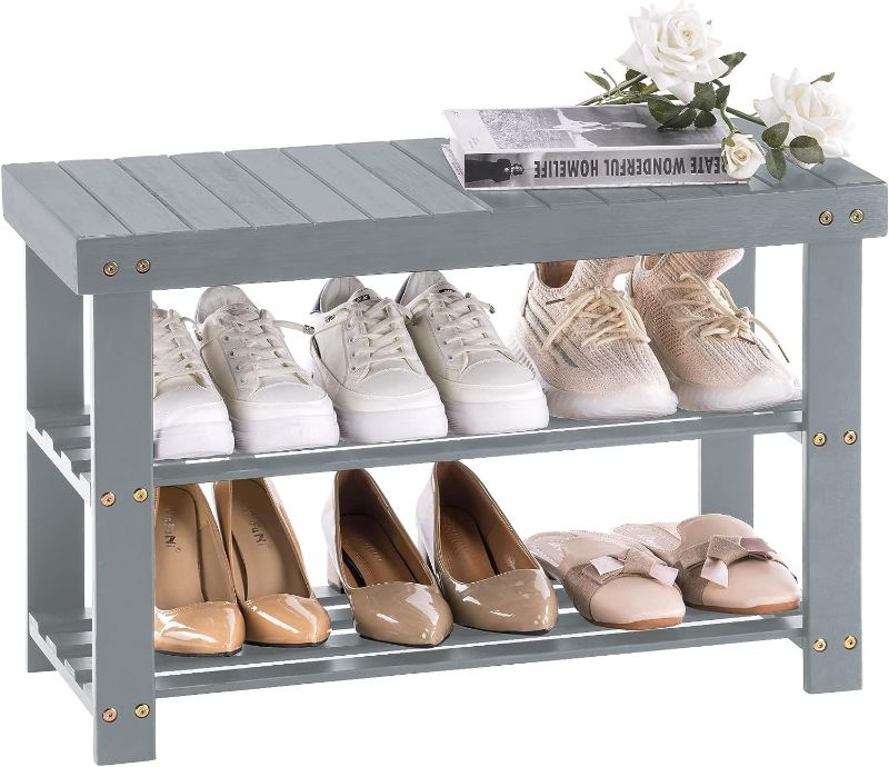 Photo 1 of APICIZON Bamboo Shoe Storage Bench for Living Room, Entryway Storage Premium Shoe Organizer or Entryway Bench, Grey
