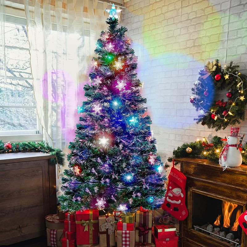 Photo 1 of Juegoal 6 ft Pre-Lit Optical Fiber Christmas Artificial Tree, with LED RGB Color Changing Led Lights, Snowflakes and Top Star, Festive Party Holiday Fake Multicolored Xmas Tree with Durable Metal Legs
