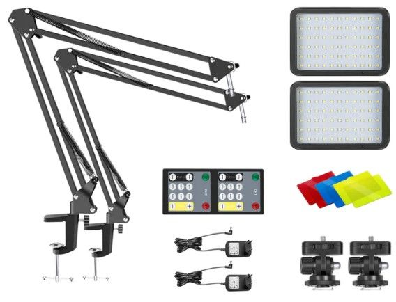 Photo 1 of Neewer 2 Packs NW-22B 22W 3200K-5600K Dimmable Lighting Kit with Remote Control/Tripod/Arm Stand/Color Filters
