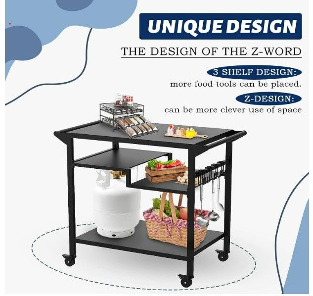 Photo 2 of RAXSINYER 20"x 32" Three-Shelf Movable Outdoor Dining Cart Table, Multifunctional Food Prep Table, Outdoor Grill Table with Wheels