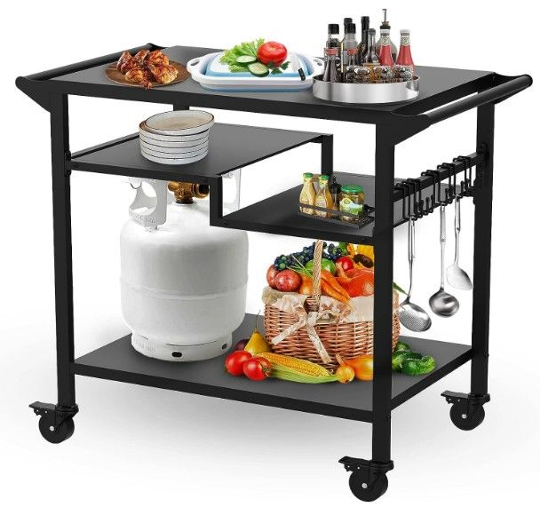 Photo 1 of RAXSINYER 20"x 32" Three-Shelf Movable Outdoor Dining Cart Table, Multifunctional Food Prep Table, Outdoor Grill Table with Wheels