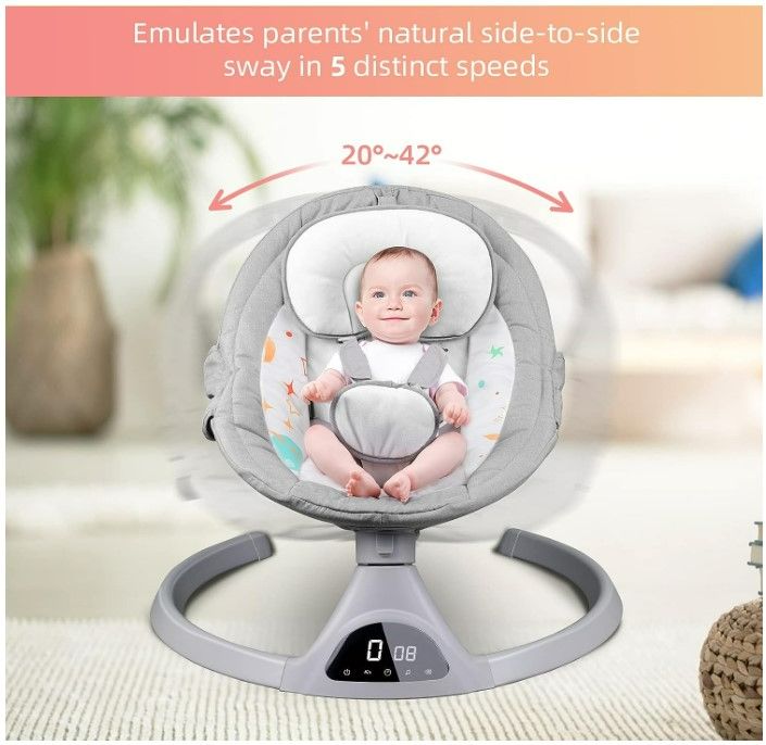 Photo 4 of Baby Swings for Infants, Portable Electric Baby Swing and Bouncer 2 in 1 for Newborn Indoor & Outdoor Use, 5 Speeds Built in lullabies and Bluetooth Enable, 0-9 Months