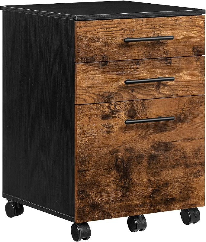 Photo 1 of HOOBRO File Cabinet, Rolling 3 Drawers Filing Cabinet, Wooden Office Cabinet for Home Office, Under Desk Cabinet for A4, Letter Size, Hanging File Folders, Rustic Brown and Black 
