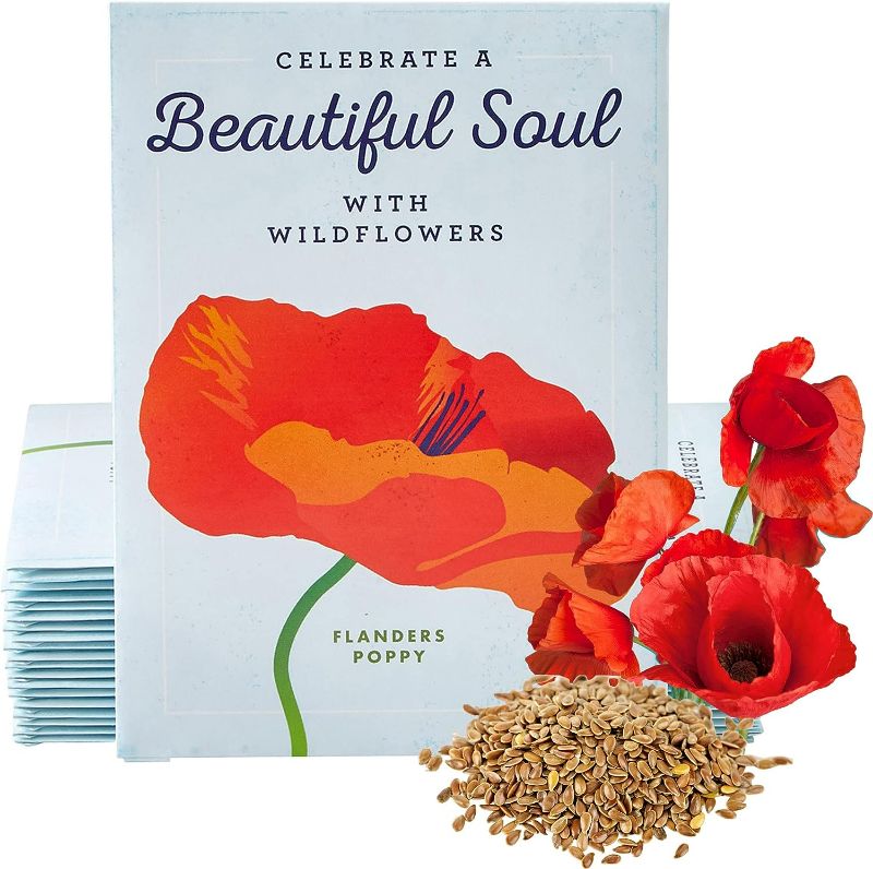Photo 1 of American Meadows Wildflower Seed Packets "Celebrate a Beautiful Soul" Memorial Favors (Pack of 20) - Red Poppy Seed Mix, Favors for Funerals, Wakes, Viewings, Visitations, Memorial Services
