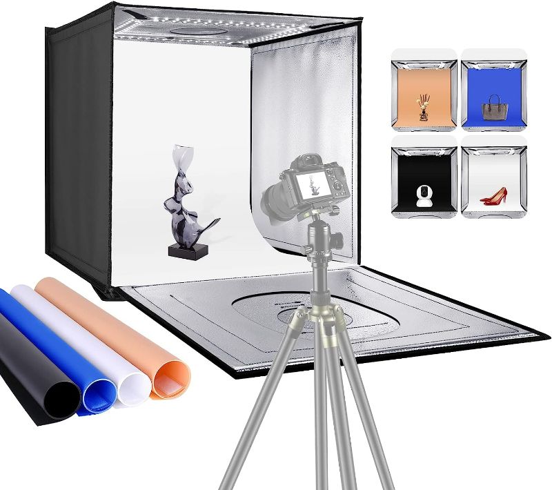 Photo 1 of Neewer Photo Studio Light Box, 24” × 24” Shooting Light Tent with Adjustable Brightness, Foldable and Portable Tabletop Photography Lighting Kit with 120 LED Lights and 4 Colored Backdrops
