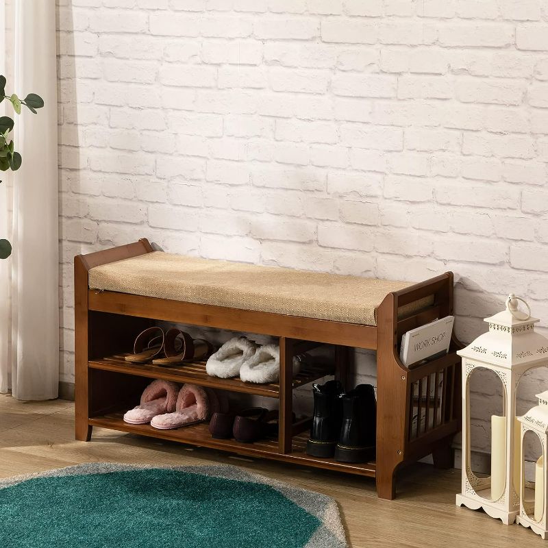 Photo 1 of ALIMORDEN Shoe Storage Bench with Cushion Hidden Drawer and Side Holder Shoe Rack for Entryway Small Space 2-Tier Bamboo Boot Organizer Rack Cabinet Bench with Storage Brown
