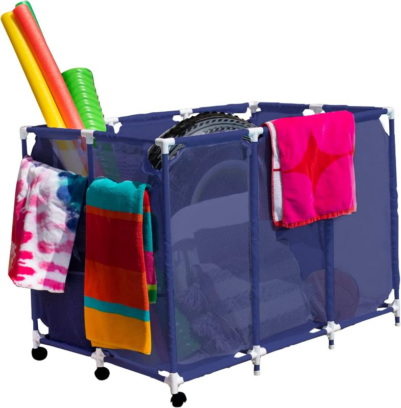 Photo 1 of Pool Bins Pool Noodles Holder, Toys, Floats, Balls and Floats Equipment Mesh Rolling Storage Organizer Bin, Extra Large Blue/White
