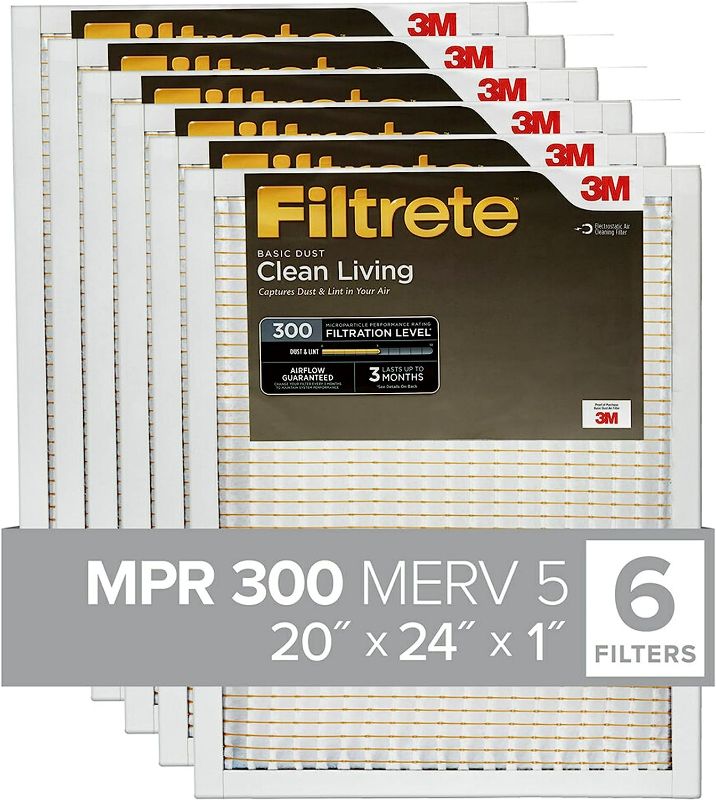 Photo 1 of Filtrete 20x24x1 Air Filter, MPR 300, Clean Living Basic Dust 3-Month Pleated 1-Inch Air Filters, 6 Filters
