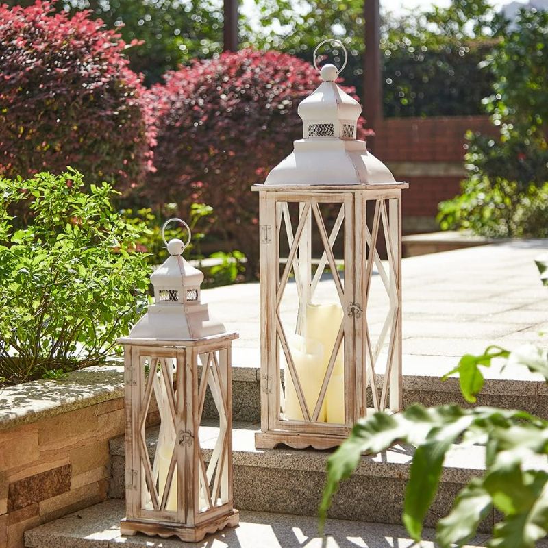 Photo 1 of Glitzhome Farmhouse Wood Metal Lanterns Decorative Hanging Candle Lanterns White Set of 2 (No Glass)

