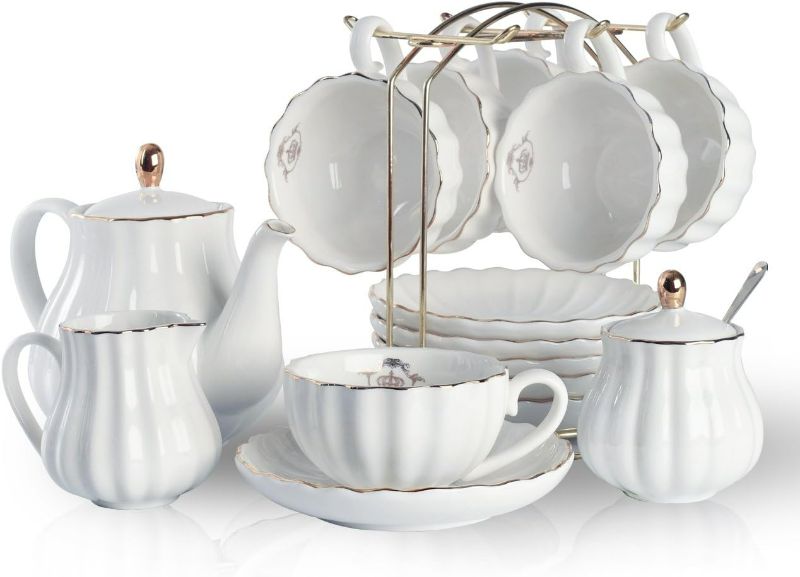 Photo 1 of SWEEJAR Porcelain Tea Sets British Royal Series, 8 OZ Cups& Saucer Service for 6, with Teapot Sugar Bowl Cream Pitcher Teaspoons and Tea Strainer, Suitable for High Tea, Wedding, Party WHITE NEW 