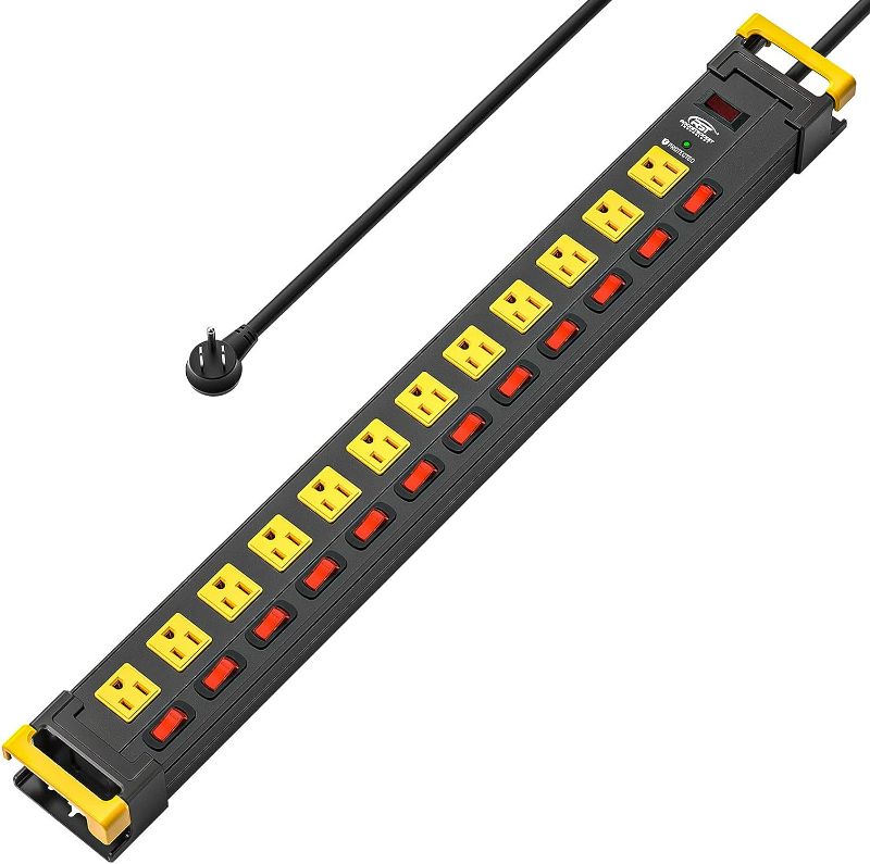 Photo 1 of CRST Heavy Duty Power Strip Surge Protector with Individual Switches, 12 Outlets Metal Power Strip with Cord Manager, 9FT, 1020J, 15AMP/1875W (Black+Yellow) for Garage, Workshop, Shop, Home
