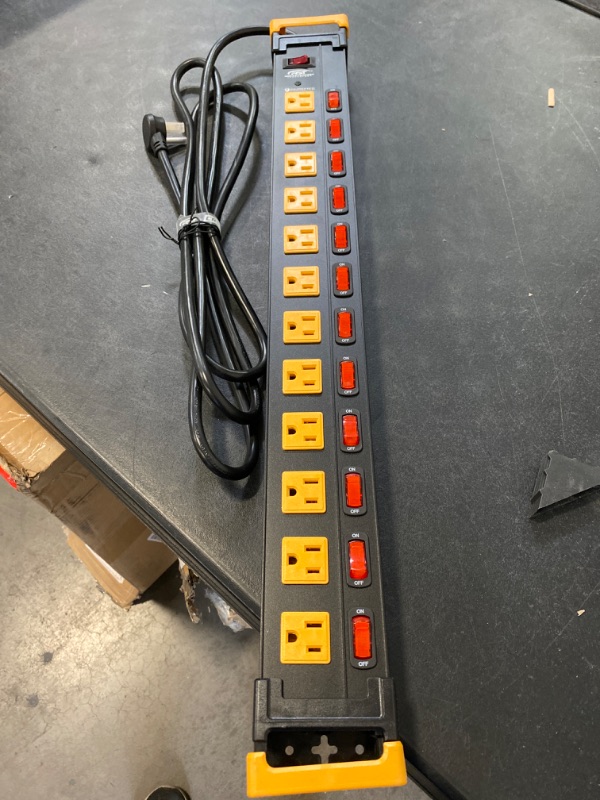Photo 2 of CRST Heavy Duty Power Strip Surge Protector with Individual Switches, 12 Outlets Metal Power Strip with Cord Manager, 9FT, 1020J, 15AMP/1875W (Black+Yellow) for Garage, Workshop, Shop, Home
