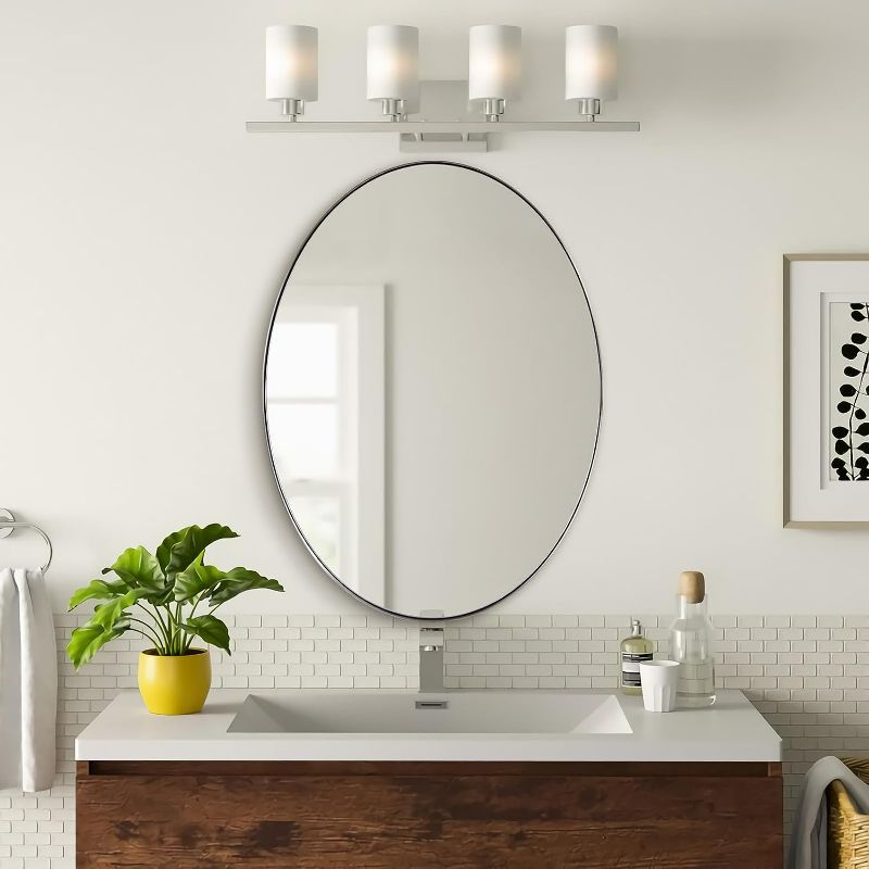 Photo 1 of ANDY STAR Wall Mirror for Bathroom, 20x28’’ Chrome Oval Bathroom Mirror, Oval Wall Mirror for Btahroom, Oblong Pill Shaped Chrome Mirror Stainless Steel Frame Wall Mount Horizontal or Vertical
