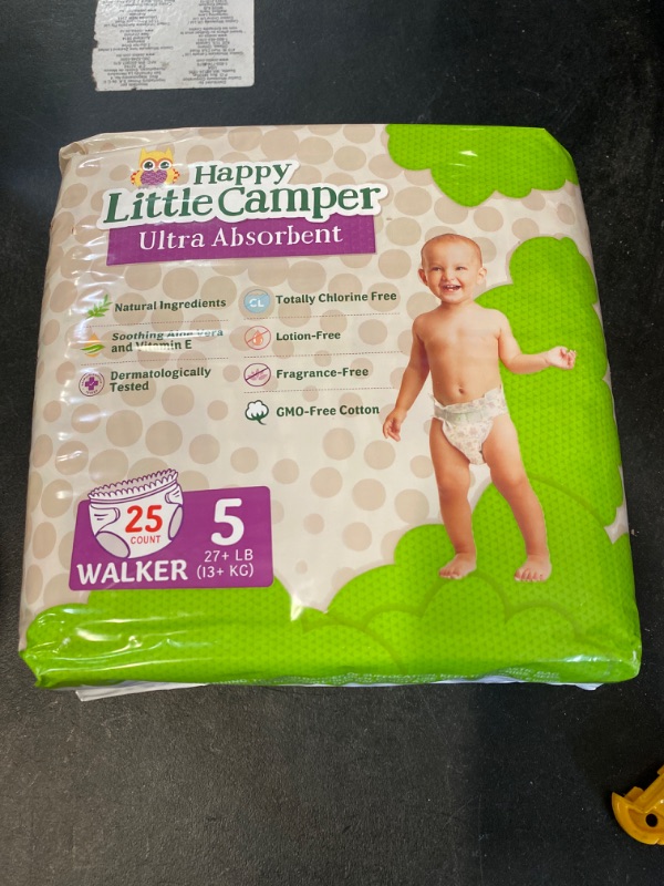 Photo 2 of Happy Little Camper Ultra-Absorbent Hypoallergenic Natural Disposable Baby Diapers, Chlorine-Free Protection for Sensitive Skin, Walker, Size 5, 25 Count Size 5 (25 Count) NEW 