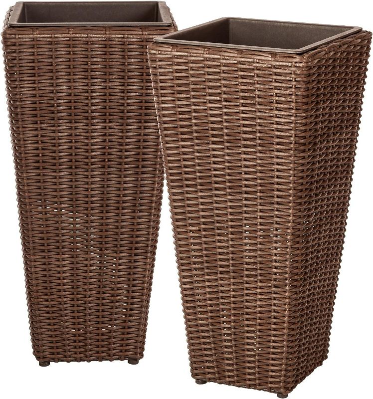 Photo 1 of 1 Piece Patio Sense 62501 Alto Wicker All-Weather Planter Set with Liners Tall Plant Decor Box for Outdoors Patio Herb Garden Furnishings - Mocha - Pack of 1
