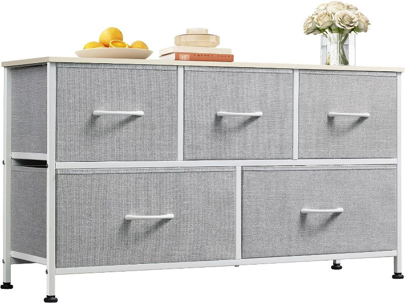 Photo 1 of WLIVE Dresser for Bedroom with 5 Drawers, Wide Chest of Drawers, Fabric Dresser, Storage Organization Unit with Fabric Bins for Closet, Living Room, Hallway, Nursery, Light Grey
