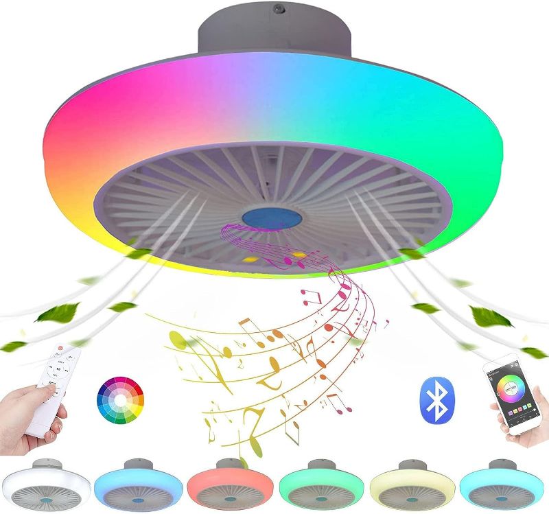 Photo 1 of Ceiling Fans with Lights and Remote Bluetooth, RGB Dimmable LED Enclosed Ceiling Fans for Kids Room, with Bluetooth Speaker And 3 Colors Led Light, 3 Wind Speed & App-Timing Setting, White 17.7''

