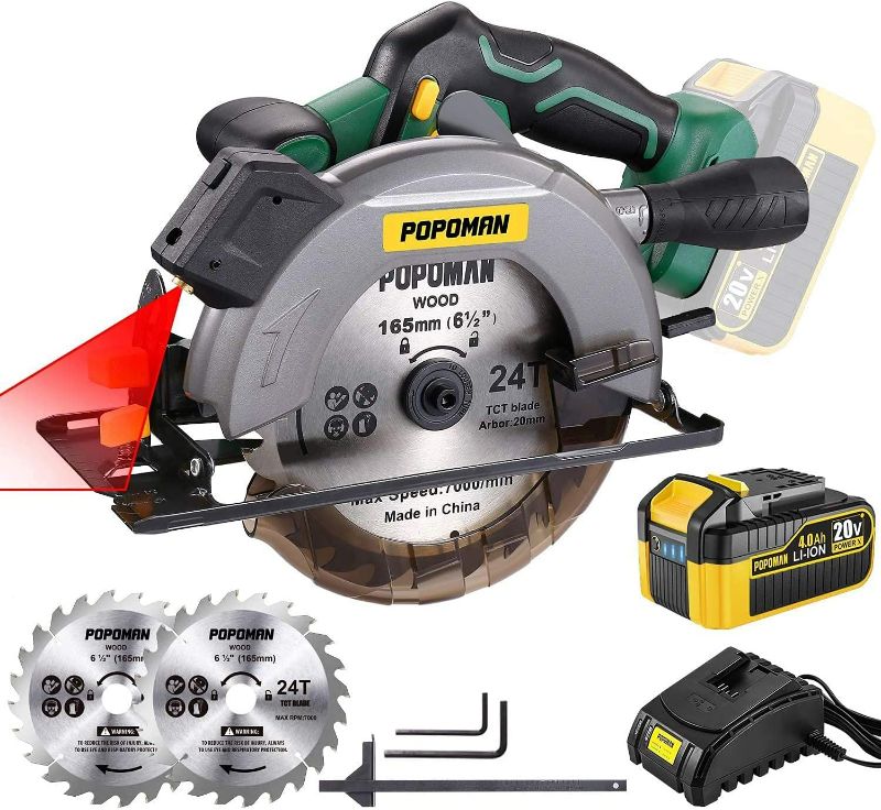 Photo 1 of POPOMAN Cordless Circular Saw, with 20V 4.0Ah Battery&Fast Charger, 4300 RPM Speed, 2 Wood Cutting Blades