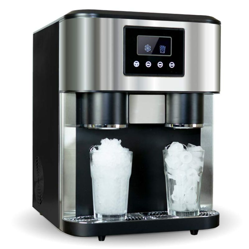 Photo 1 of Crushed ice and ice Cube Maker with ice Water Function, Countertop Stainless Steel Ice Cube Machine, Adjustable Ice Size, Including Scoop and Water Supply Kit
