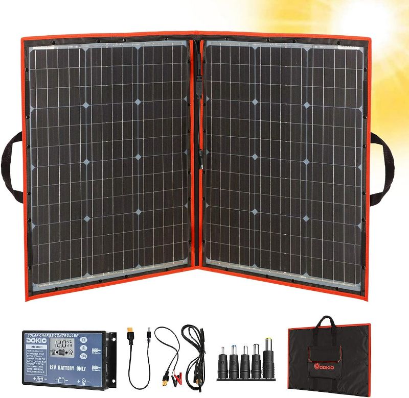 Photo 1 of DOKIO 110w 18v Portable Foldable Solar Panel Kit (21x28inch, 5.9lb) Solar Charger With Controller 2 Usb Output To Charge 12v Batteries/Power Station (AGM, Lifepo4) Rv Camping Trailer Emergency Power
