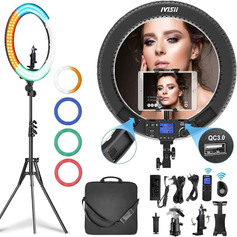 Photo 1 of IVISII 19 inch Ring Light with Remote Controller and Stand ipad Holder,60W Bi-Color with 4 Color Soft Filters for Live Stream/Makeup/YouTube Video/TikTok/Zoom/Photography
