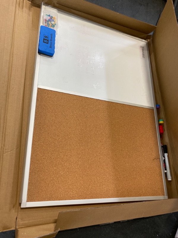 Photo 2 of Cork Board and Dry Erase Board Combo (18 x 24") Magnetic Bulletin Board for Home or Office, Message Board, Wall-Mounted White Board Corkboard Combo: Markers, Eraser, Magnets & Pins