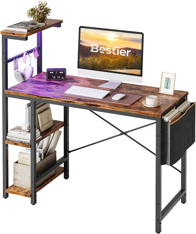 Photo 1 of Bestier Computer Desk with LED Lights, Gaming Desk with 4 Tier Shelves, 44 Inch Office Desk with Storage Bag & Printer Shelf (Rustic Brown)
