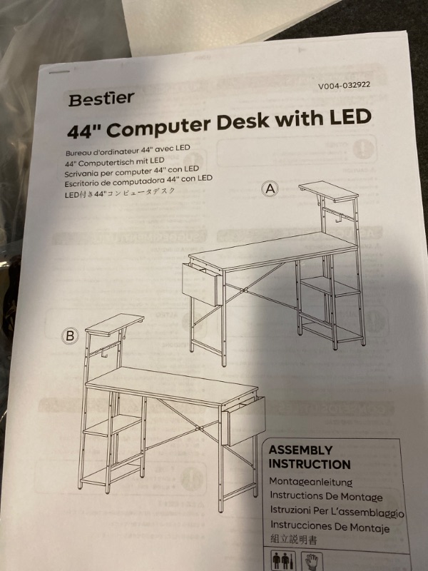 Photo 2 of Bestier Computer Desk with LED Lights, Gaming Desk with 4 Tier Shelves, 44 Inch Office Desk with Storage Bag & Printer Shelf (Rustic Brown)
