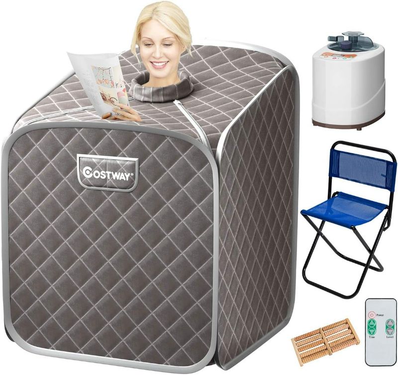 Photo 1 of COSTWAY Portable Steam Sauna, 2L Folding Home Spa Sauna Tent for Weight Loss, Detox Relaxation at Home, Personal Sauna with 9 Temperature Levels, Timer, Remote Control, Foldable Chair (Gray)

