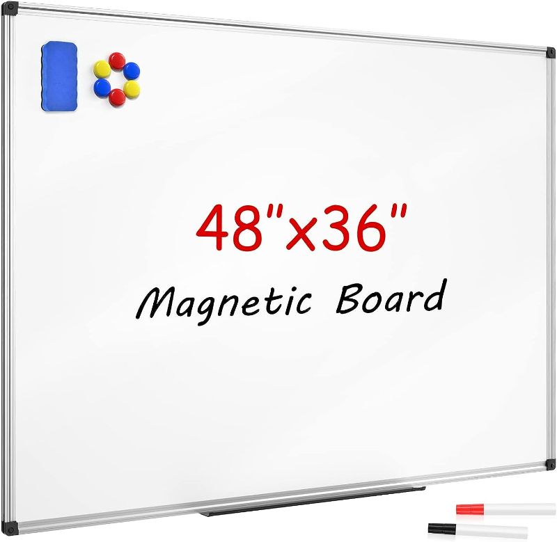 Photo 1 of SunyesYo Magnetic Dry Erase Whiteboard 48 x 36 Inch - 4 x 3 Large White Board, Silver Aluminum Frame Wall-Mounted, Magnetic Eraser, 2 Pen, Detachable Marker Tray, 6 Magnets for Office, School
