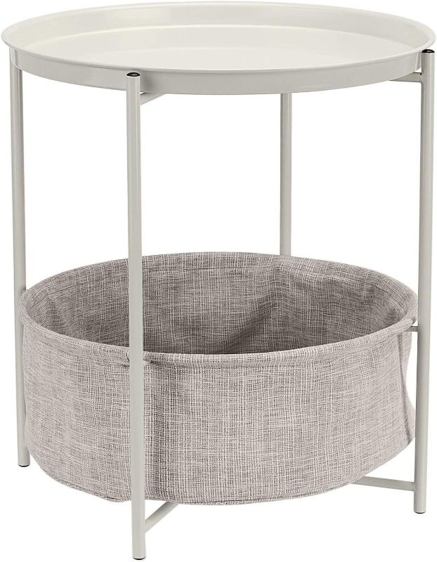 Photo 1 of Amazon Basics Round Storage End Table, Side Table with Cloth Basket, White/Heather Gray, 18 in x 18 in x 19 in
