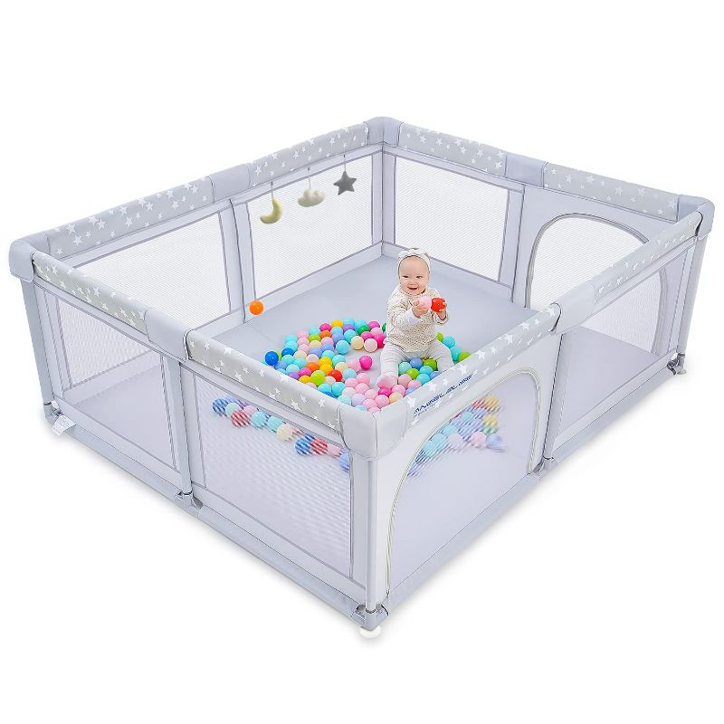 Photo 1 of Baby Playpen, ANGELBLISS Playpen for Babies and Toddlers, Extra Large Play Yard with Gate, Indoor & Outdoor Kids Safety Play Pen Area with 3 Plush Toys, Star Print 