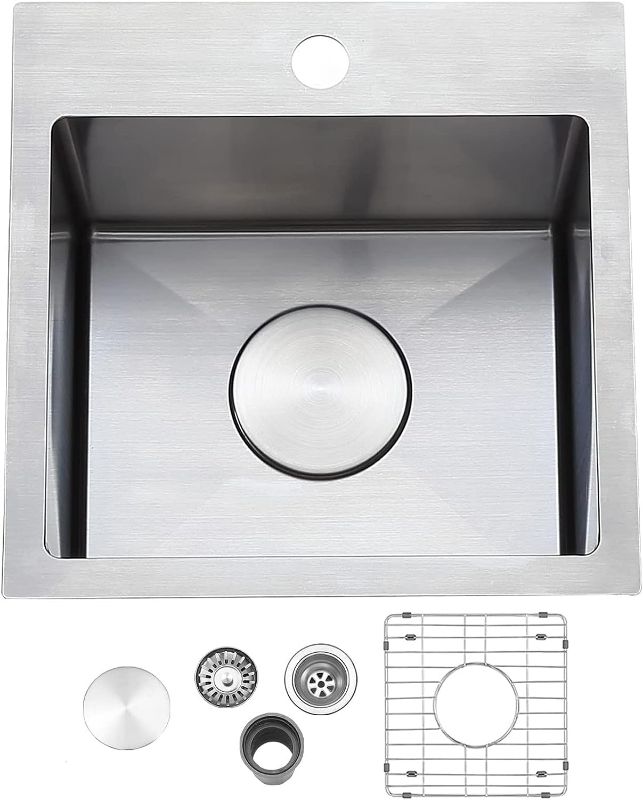 Photo 1 of VAPSINT 15x15 inch  Stainless Steel Drop in Wet Bar Sink,Single Bowl Topmount Prep Rv Small Kitchen Sink with Grid and Drain
