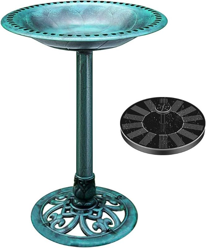 Photo 1 of VIVOHOME Polyresin Antique Outdoor Green Garden Bird Bath and Solar Powered Round Pond Fountain Combo Set
