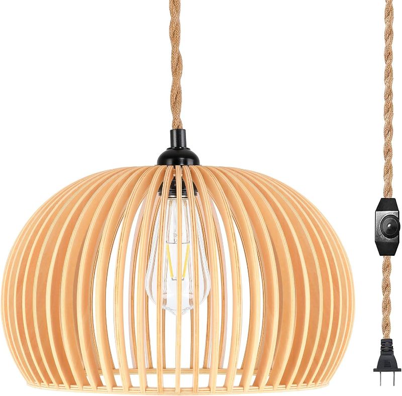 Photo 1 of Plug in Pendant Light Hanging Lights with15ft Hemp Rope Cord E26 Dimmer Switch Wood lampshade Wicker Rattan Hanging Lights Fixture Plug in Chandelier for Kitchen Island Dining Room Entryway Hallway
