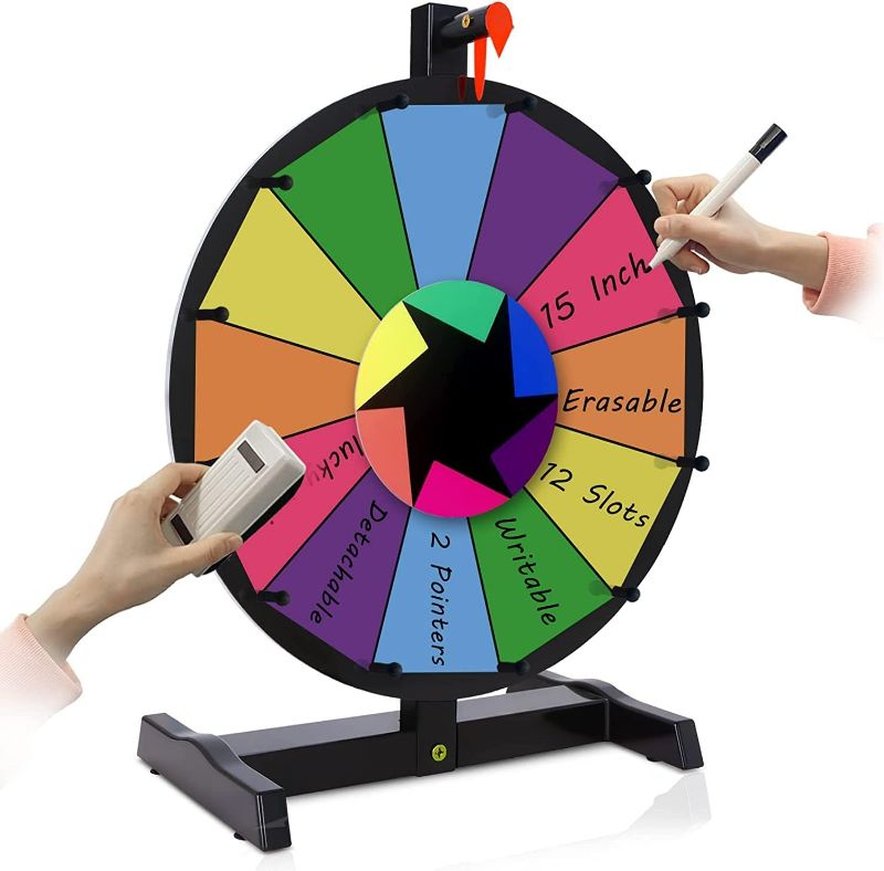 Photo 1 of Hooomyai 15 Inch Tabletop Spinning Wheel with 12 Slots Durable Base Stand Spin Wheel for Prizes Dry Erase Prize Wheel with Dry Erase Markers and Eraser for Carnival Trade Show Party
