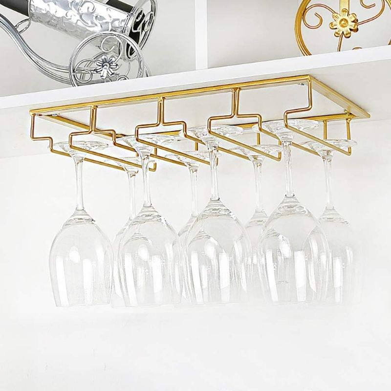 Photo 1 of FOMANSH Wine Glass Rack - Under Cabinet Stemware Wine Glass Holder Glasses Storage Hanger 2 Pack Metal Organizer for Bar Kitchen 4 Rows Gold
