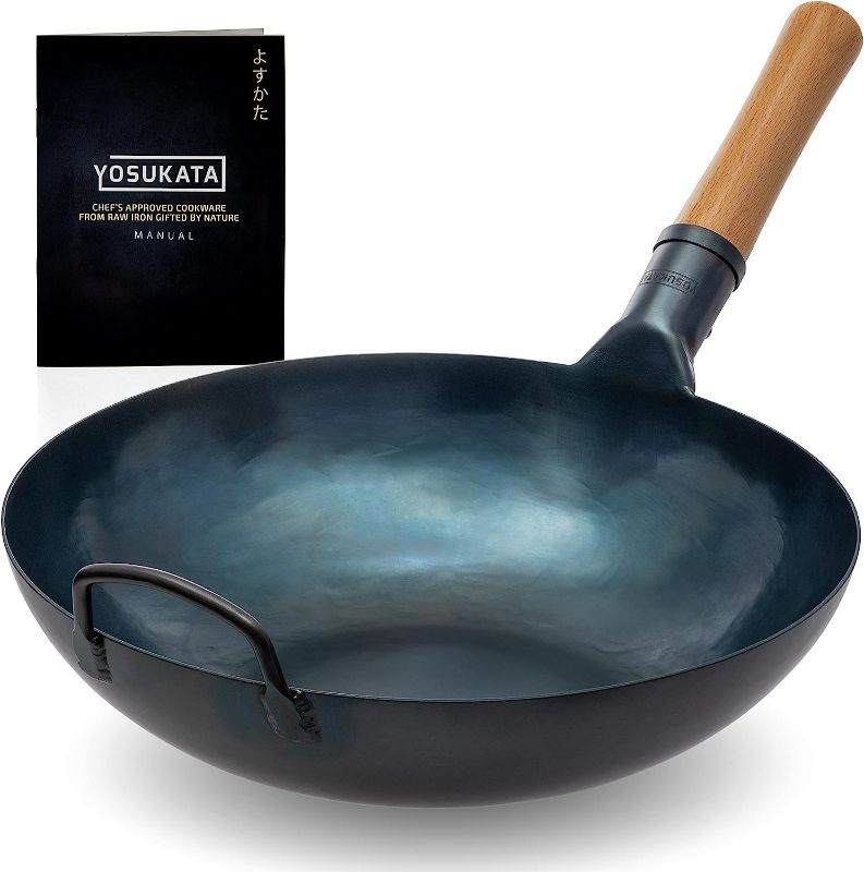 Photo 1 of YOSUKATA Flat Bottom Wok Pan - 13.5" Blue Carbon Steel Wok - Preseasoned Carbon Steel Skillet - Traditional Japanese Cookware for Electric Induction Cooktops Woks and Stir Fry Pans
