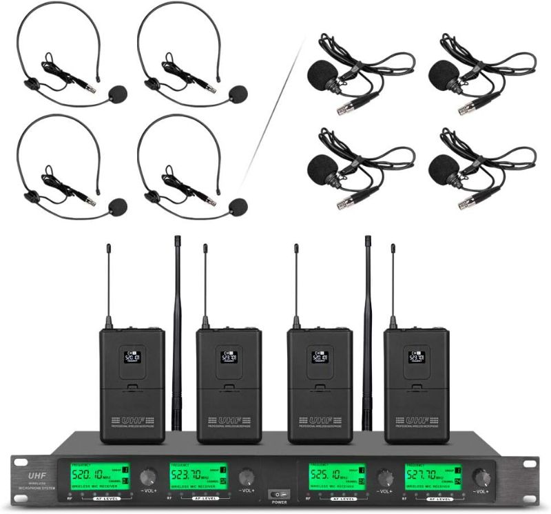 Photo 1 of Wireless Microphone System Pro UHF 4 Channel 4 Lavalier Bodypacks 4 Lapel Mic 4 Headsets for Karaoke System Church Speaking Conference Wedding Party
