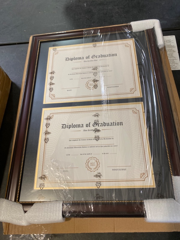 Photo 2 of GraduationMall 14x20 Double Diploma Frame, Display 8.5x11 Certificate with Black over Gold Mat,UV Protection Acrylic,Mahogany with Gold Beads Mahogany With Gold Beading Double 8.5x11 NEW 
