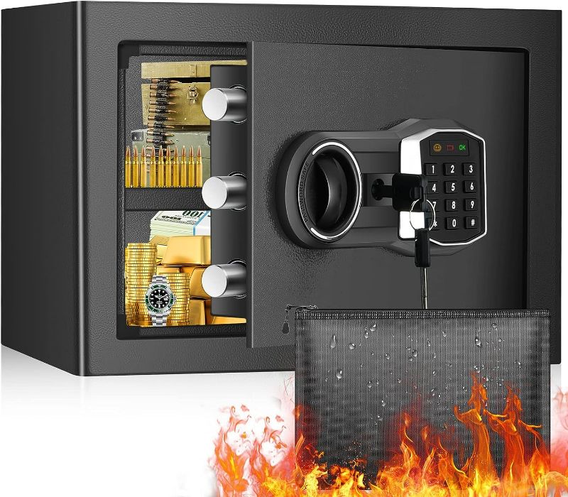 Photo 1 of 0.8 Cub Home Safe Fireproof Waterproof, Fireproof Safe Box with Fireproof Money Bag, Digital Keypad Key and Removable Shelf, Personal Small Safe for Home Firearm Money Medicines Valuables
