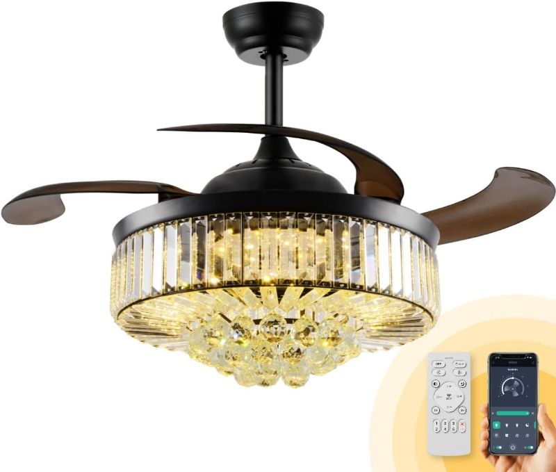 Photo 1 of LIGHTIMES 36in Dimmable Retractable Crystal Ceiling Fan Color Temperature 500k-6500k Fandelier Ceiling Fan with Lights Memory 6 Speed Chandeliers with Fans Retractable Blades for Bedroom Room
