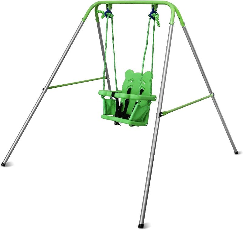 Photo 1 of Toddler Swing, Swing for Toddler with Safety Belt Seat and Foldable Metal Stand, Swing Set for Backyard Indoor Outdoor Play, Swing for Toddlers Age 1-3 at Home Gray
