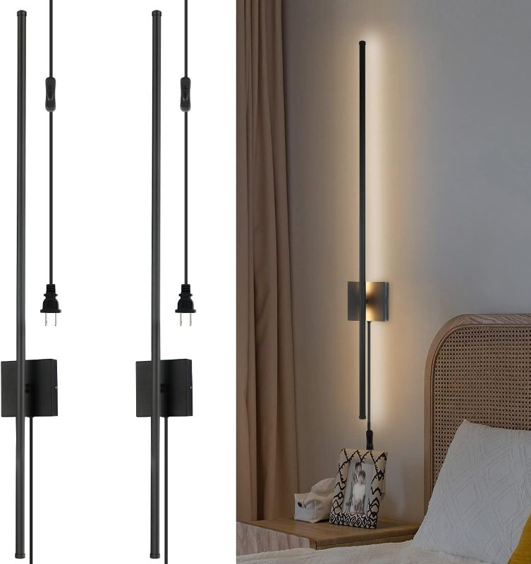 Photo 1 of Gonshdi Modern Plug in Wall Sconces Set of Two Black LED Wall Lights Fixtures with Plug in Cord On/Off Switch Warm White Bedroom Wall Lamp, 39.4inch 360° Rotate, Lighting Decor for Living Room
